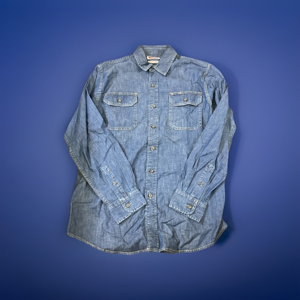 Wrangler Denim Shirt Men's Size Medium Blue Button Dark Wash Long Sleeve Stretch